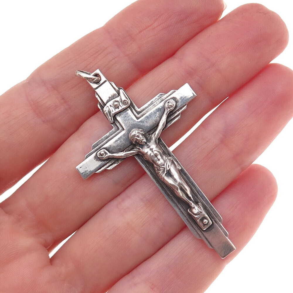 925 Sterling Silver Antique Art Deco France St. Anne de Beaupre Crucifix Pendant